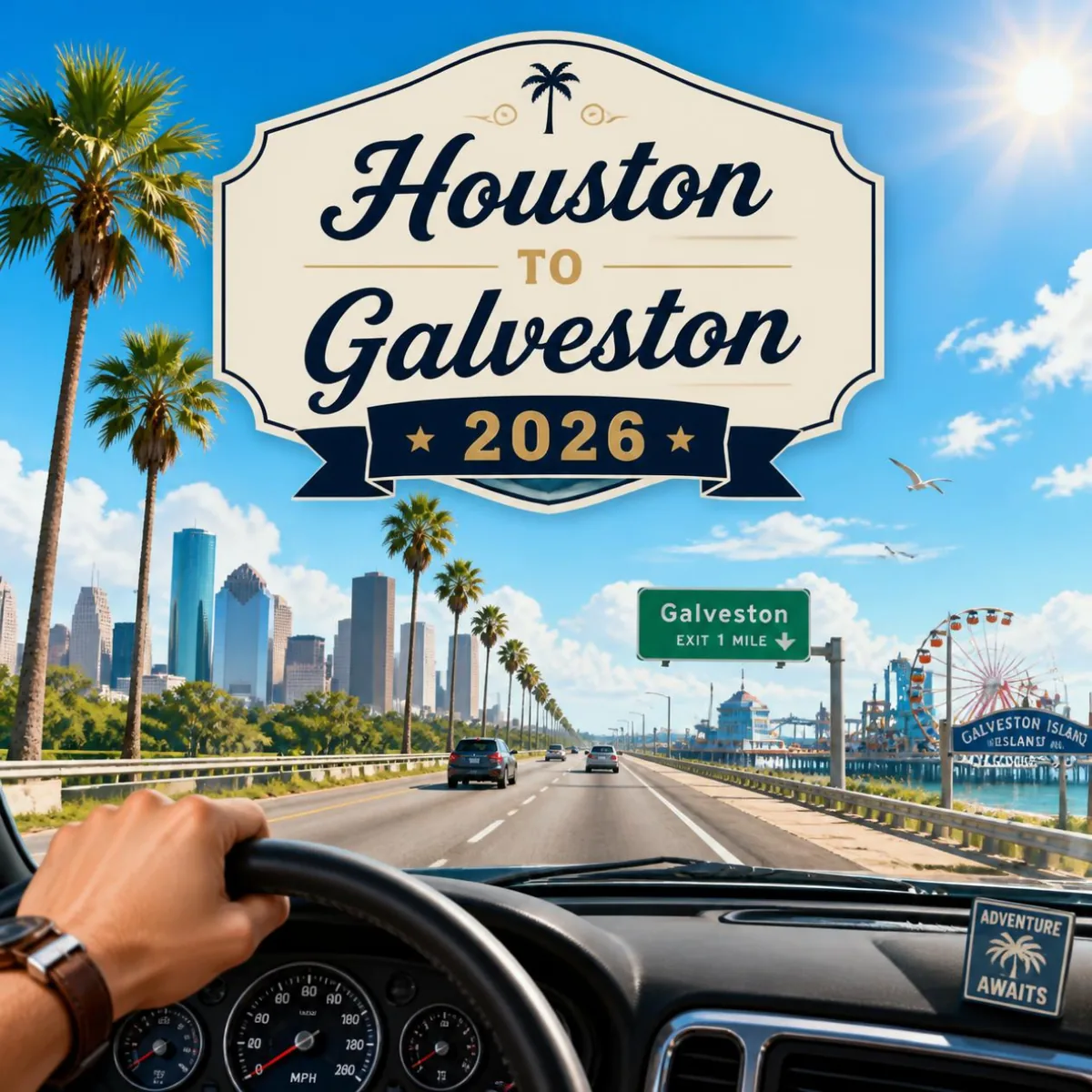 Driver's view along Interstate 45 from Houston to Galveston, passing a green Galveston Exit 1 Mile highway sign with the seawall and Pleasure Pier ahead
