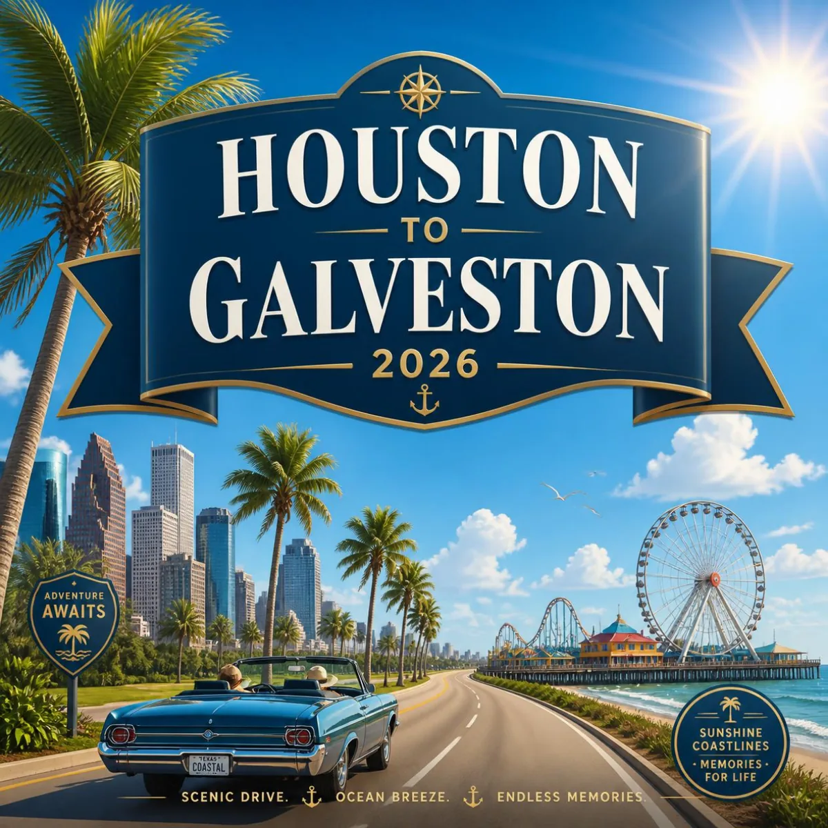 Houston to Galveston 2026 travel sign above a convertible driving the coastal road, with the downtown Houston skyline on one side and the Galveston Island Pleasure Pier Ferris wheel on the other