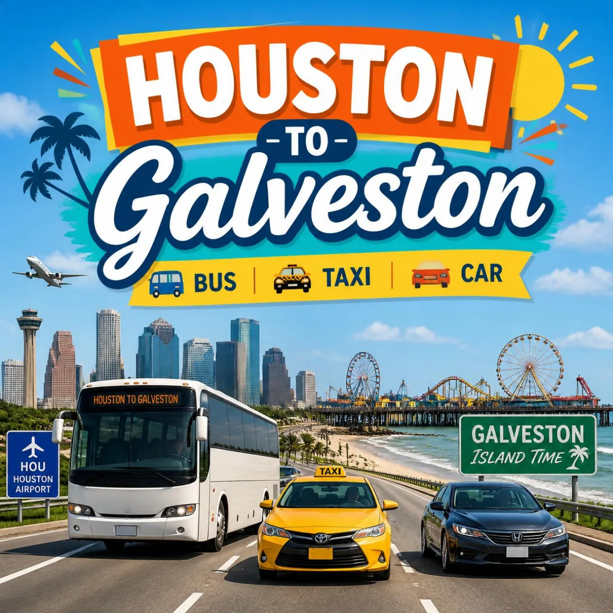 Coach bus, yellow taxi and private car heading to Galveston Island from HOU Hobby Airport, passing a Galveston Island Time road sign near the seawall and Pleasure Pier